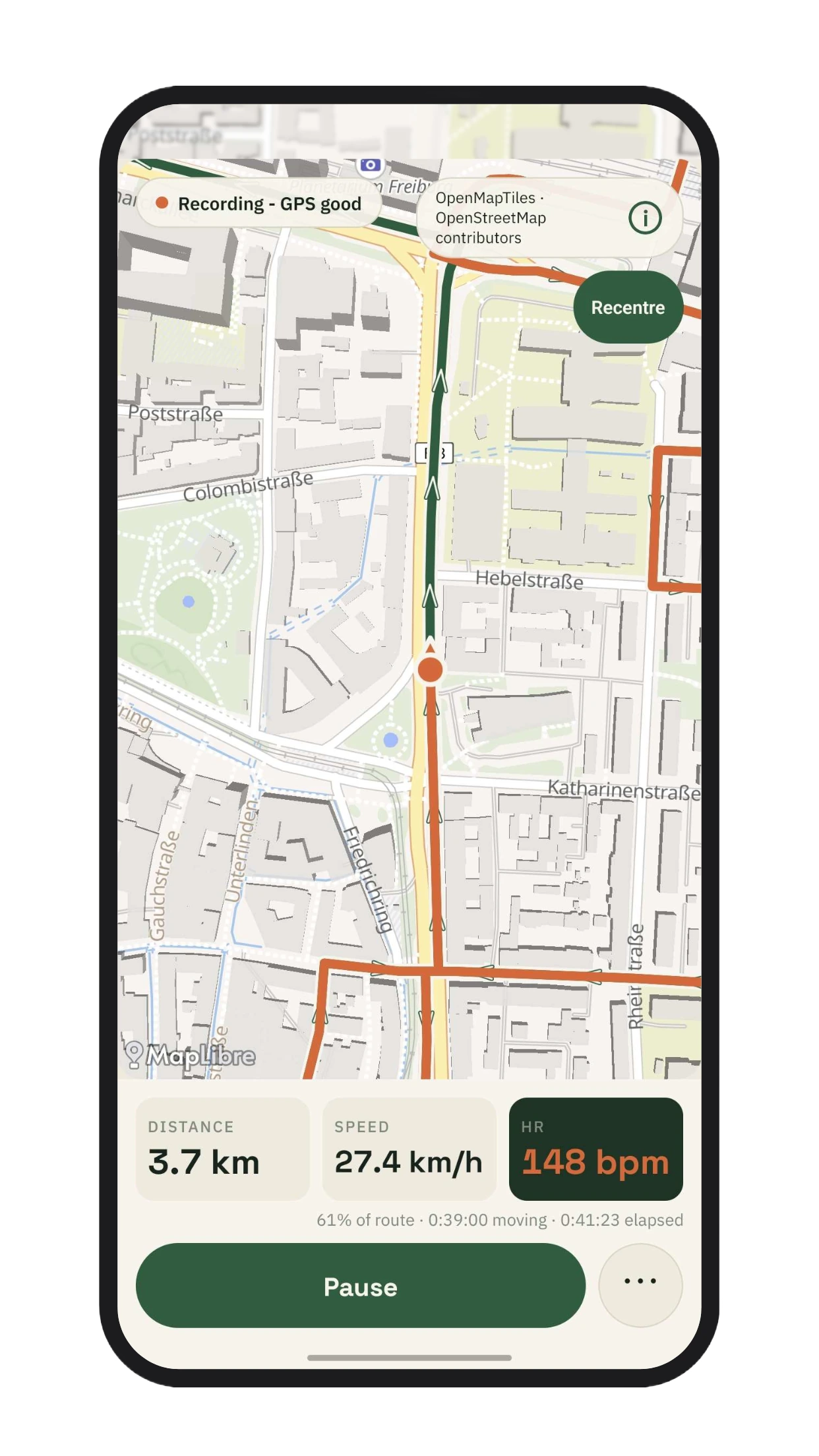 goMunsti ride screen recording a ride, with the route line on the map and live distance, speed and heart rate.