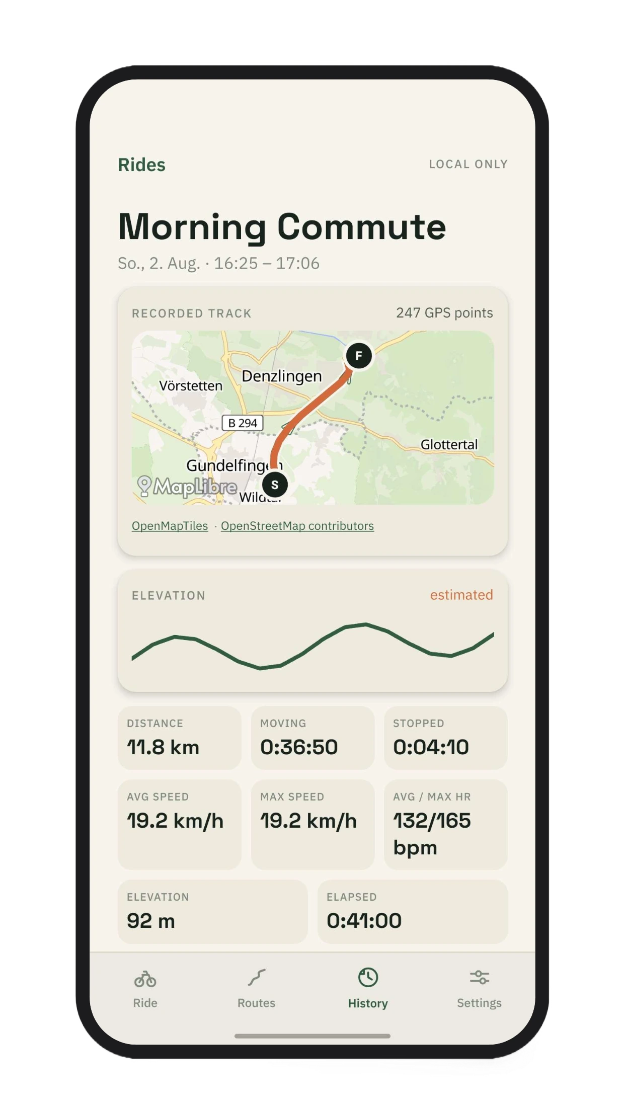 goMunsti ride detail screen showing the recorded track, elevation, distance, moving time and heart-rate metrics.
