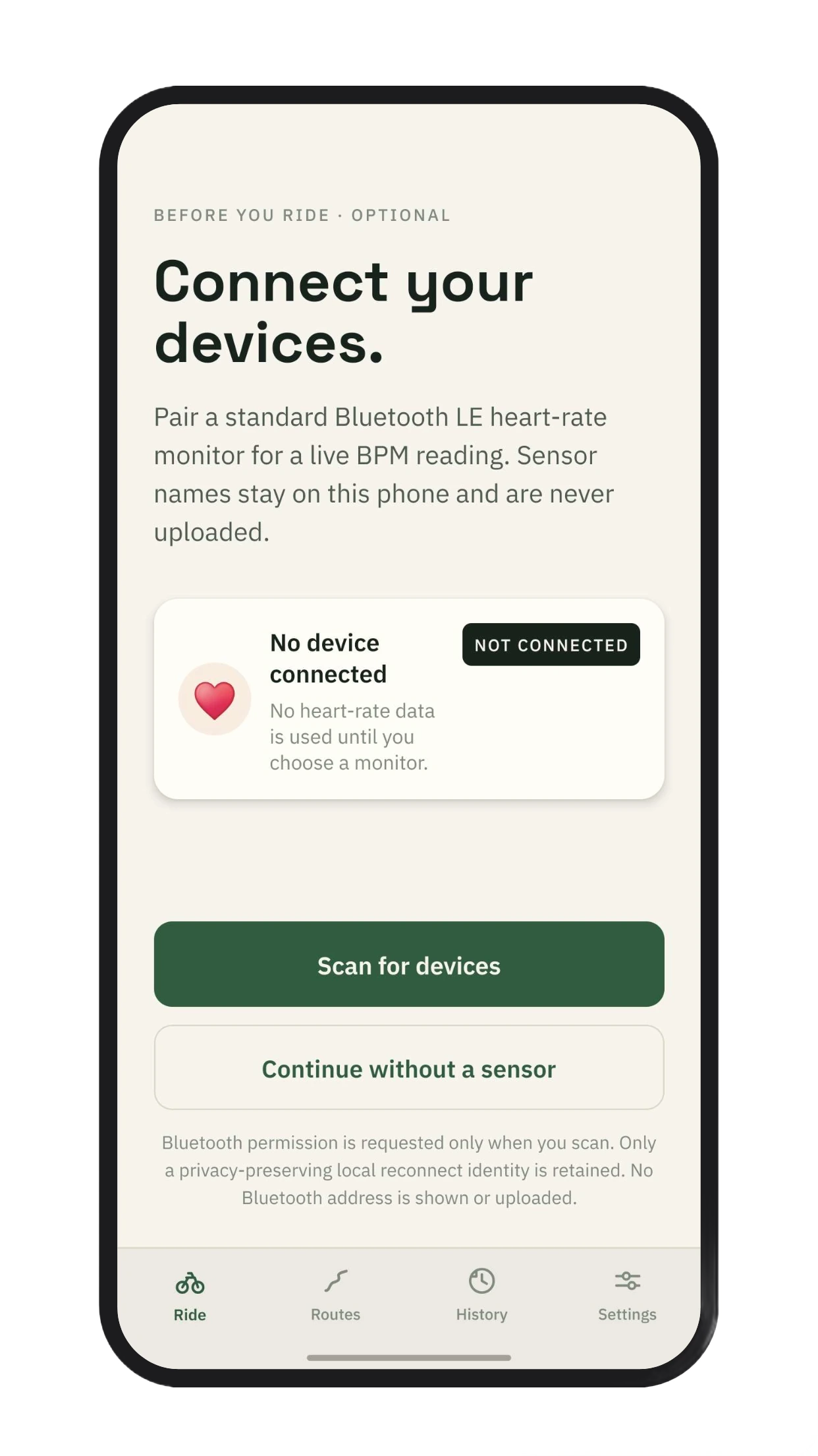 goMunsti device setup screen showing an optional heart-rate monitor connection.