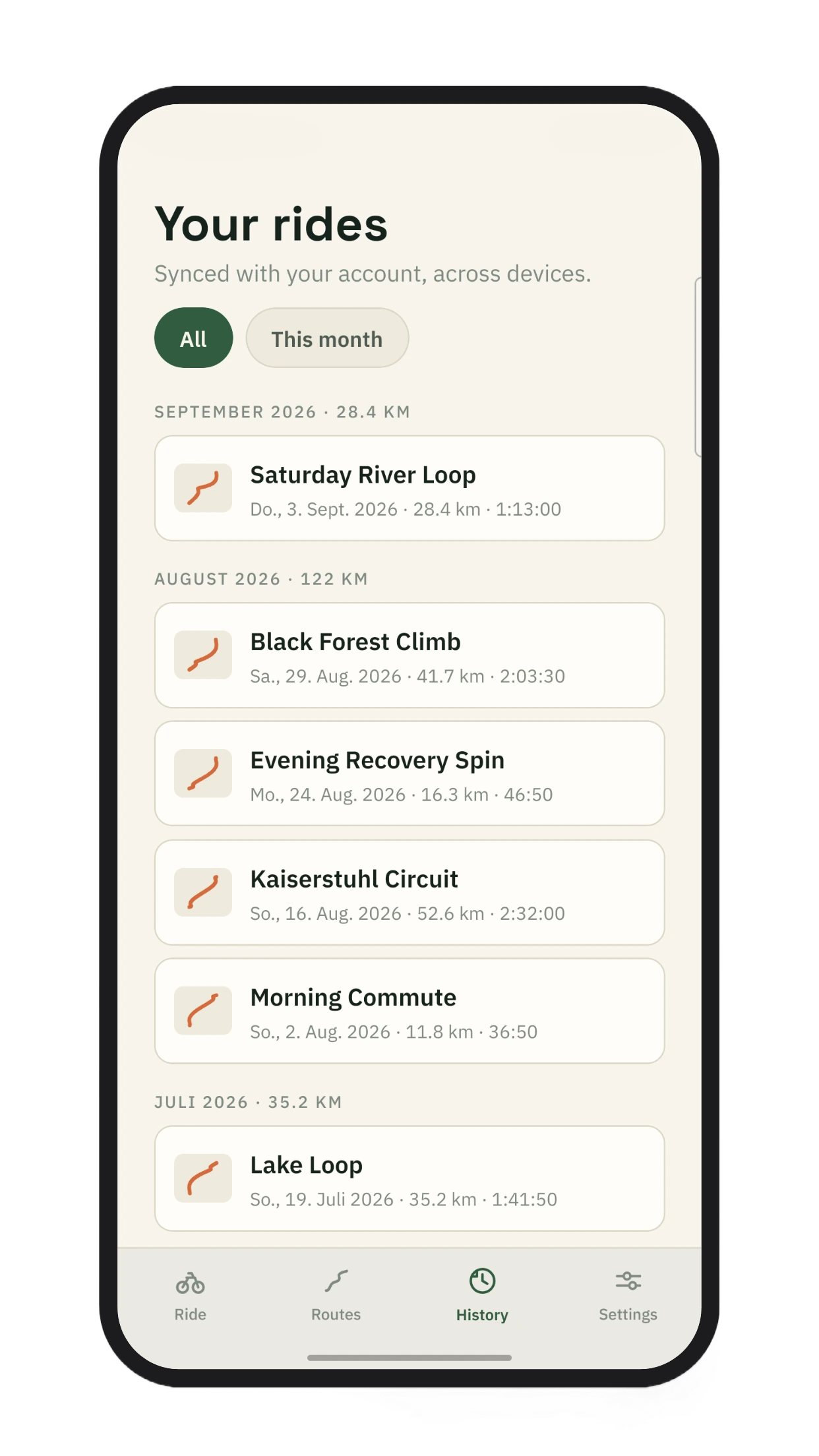 goMunsti history screen listing recorded rides with dates, distances and times.