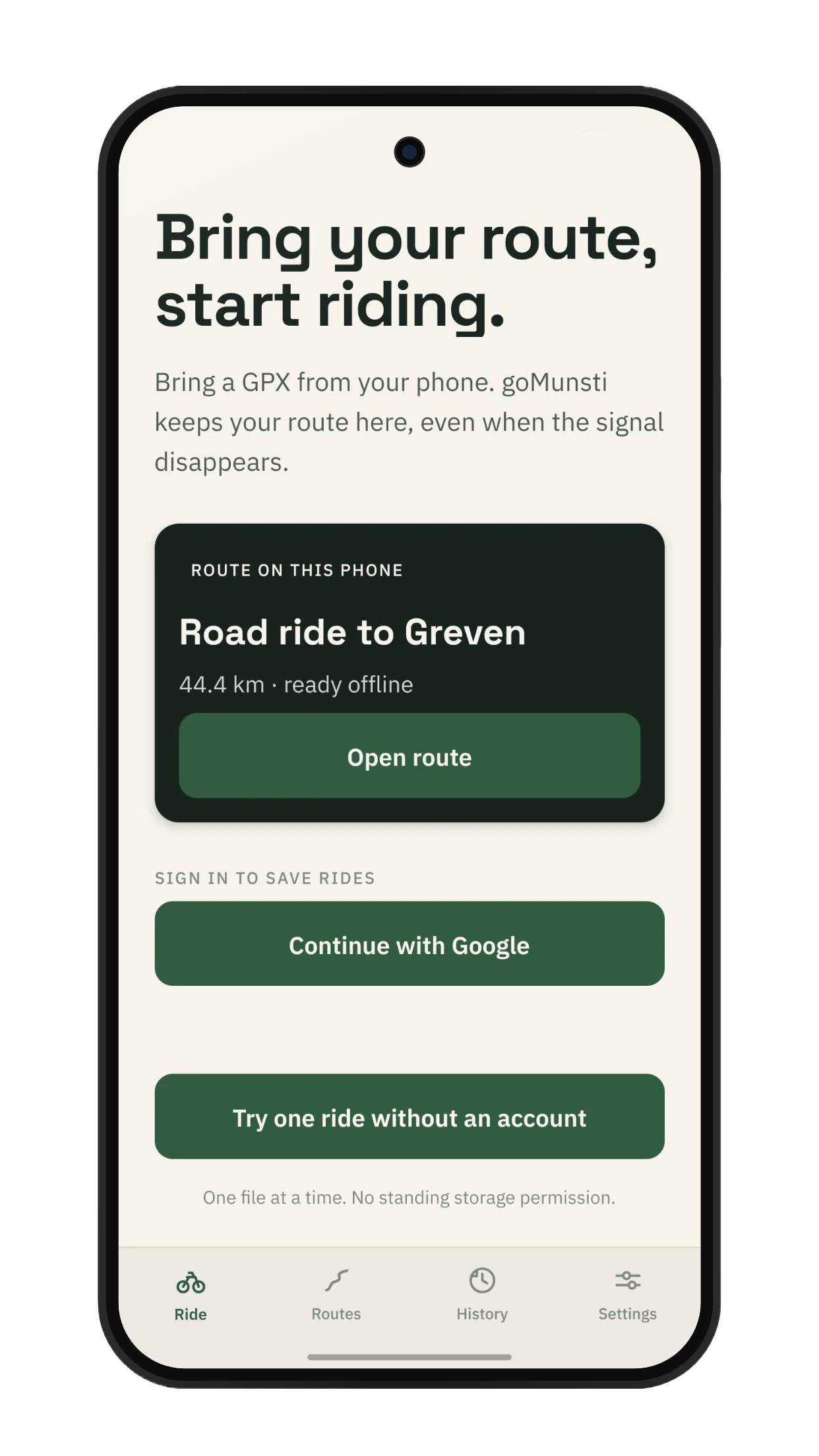 goMunsti home screen showing a route ready to open, offline and without an account.