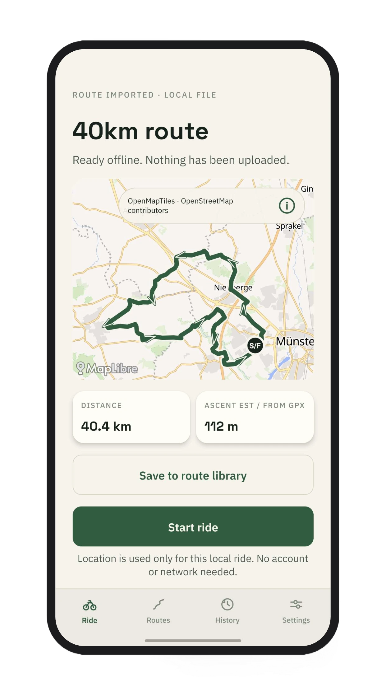 goMunsti route screen showing an imported 40 km GPX route on the map with distance and ascent, ready offline.