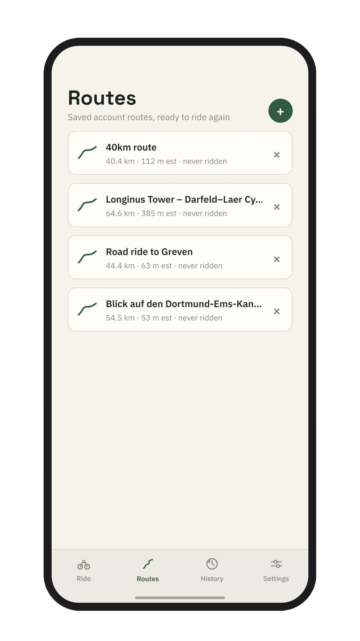 goMunsti routes screen listing saved account routes with distance and estimated elevation.